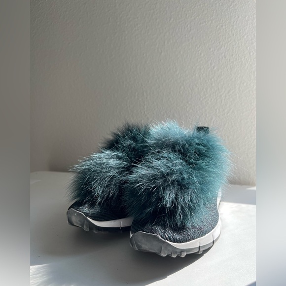 Jimmy Choo Norway Mink Fur & Metallic Green Knit Slip-On Sneakers Size 38 - Picture 2 of 12